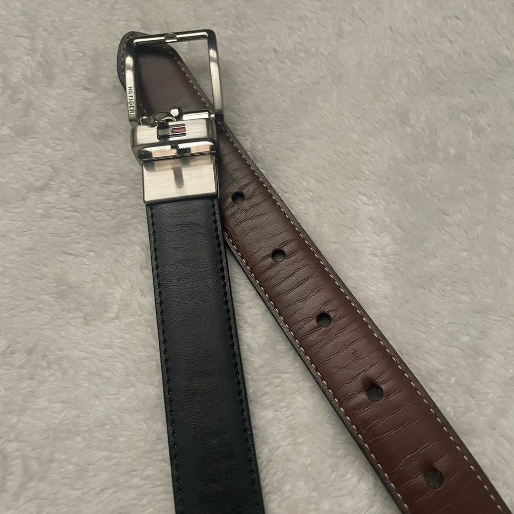 Tommy Hilfiger Boys Black and Brown Leather Belt with Silver Buckle